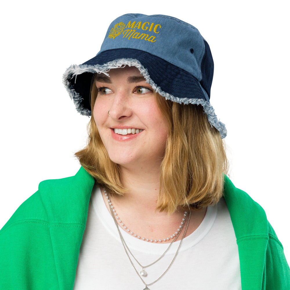 Magic Mama Embroidered Distressed Denim Bucket Hat - Classic Light Denim Combo Color - https://ascensionemporium.net